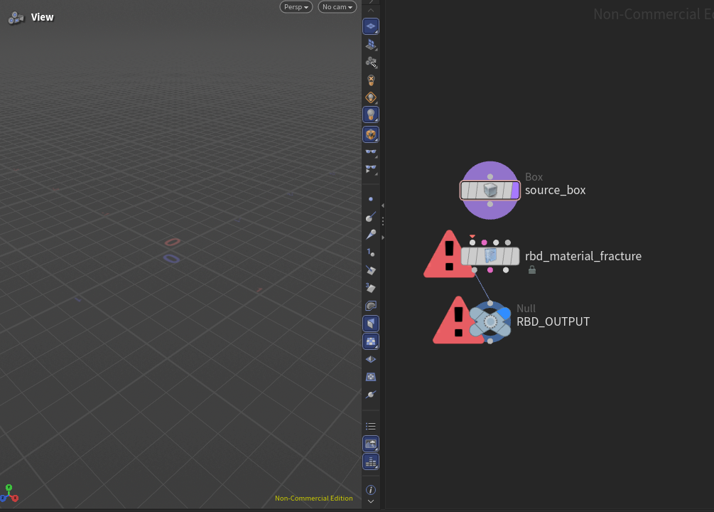Deliberately broken Houdini RBD network showing warning indicators at the fracture and output nodes