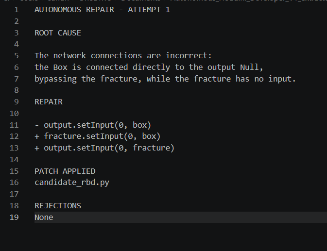 Autonomous repair diagnosis and Houdini Python patch showing the root cause, repaired connections, and candidate_rbd.py