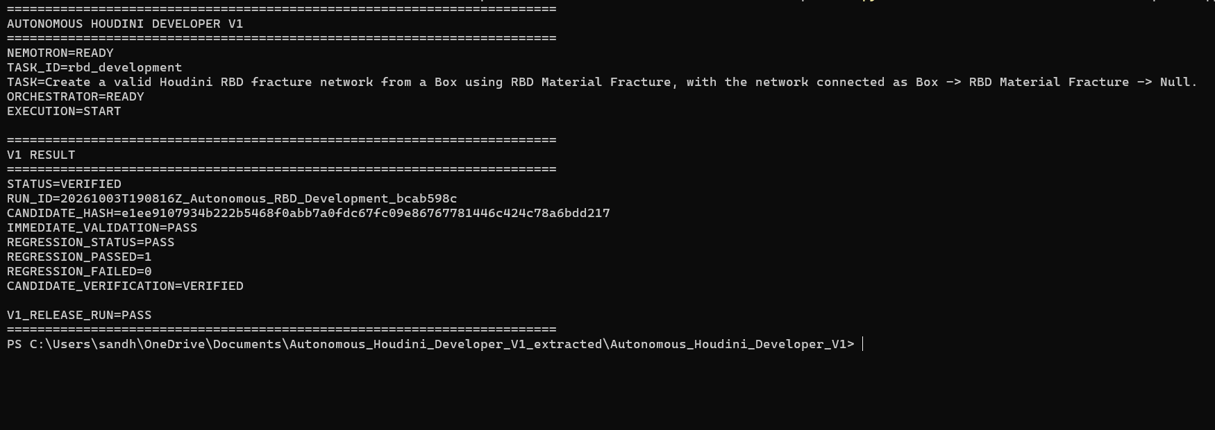 Autonomous Houdini Developer V1 terminal verification result showing STATUS VERIFIED, immediate validation PASS, regression PASS, and candidate verification VERIFIED